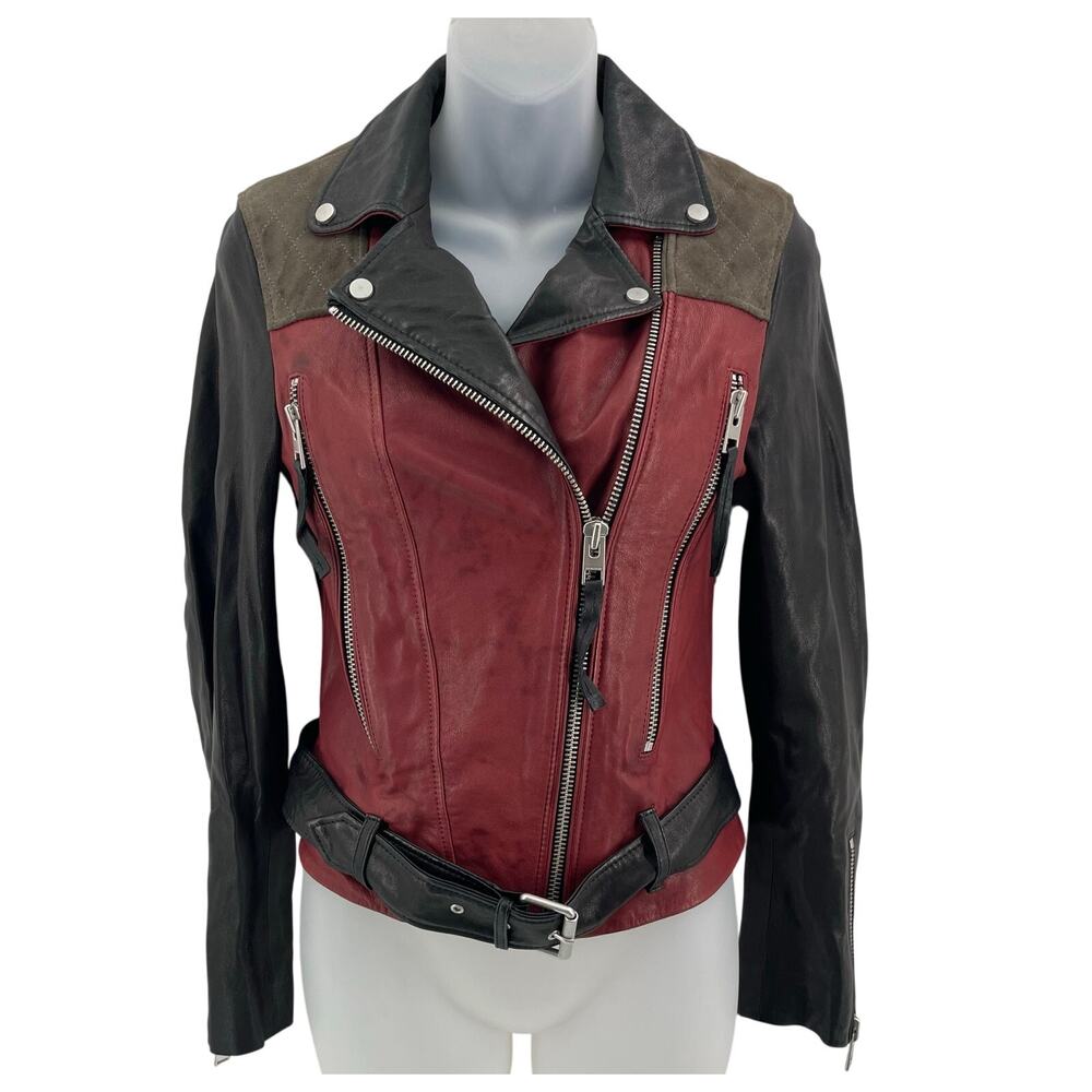 ALLSAINTS 100% Lamb Leather Jacket‎ Size 2 Goat Leather Colorblock Designer Rare